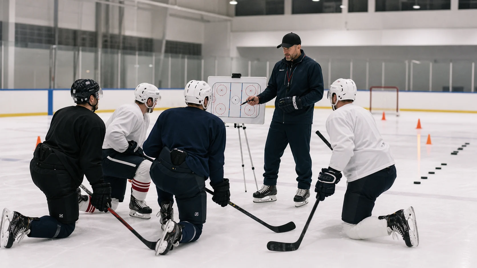 Professional ice sports training session with coaches and athletes